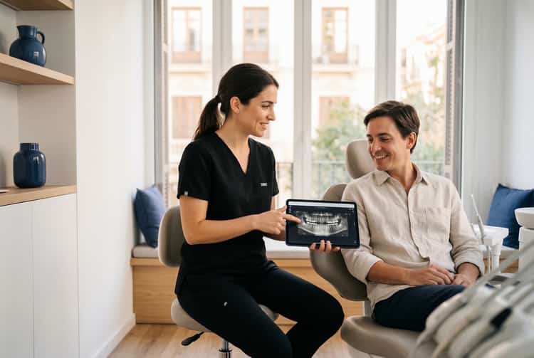 Dentista en Benicalap explicando un diagnóstico digital a una paciente durante su primera cita gratuita en Odéntitus, Valencia