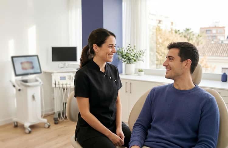Trato cercano y profesional entre odontóloga con uniforme negro y un paciente en la clínica dental Odéntitus ubicada en el barrio de Benicalap, Valencia, destacando un entorno luminoso y de confianza.