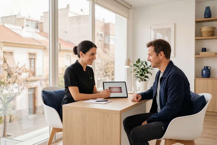 Dentista explicando un plan de tratamiento en tablet a un paciente relajado en la consulta de Odéntitus, clínica dental en Benicalap, Valencia