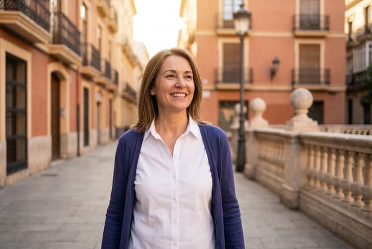 Mujer sonriendo con naturalidad en una calle del barrio de Campanar, Valencia, reflejando confianza y bienestar en su día a día.