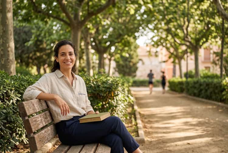 Vecina de Burjassot sonriendo con confianza en Parc de la Granja al amanecer