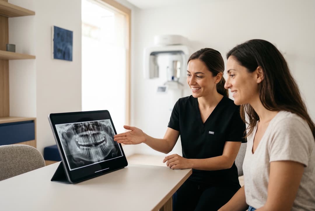 Dentista en Benicalap explicando diagnóstico digital a paciente en clínica dental moderna de Valencia