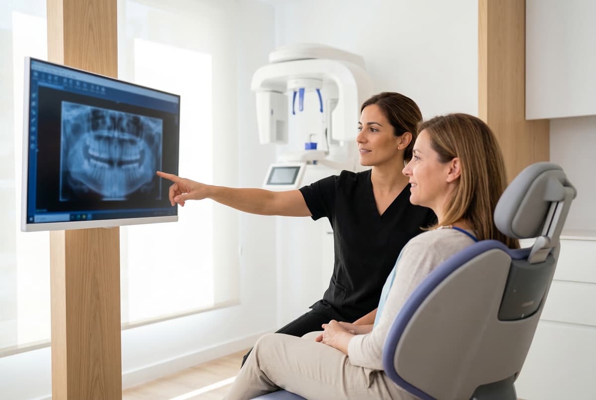 Dentista explicando radiografía panorámica digital a paciente durante urgencia dental en clínica de Benicalap, Valencia