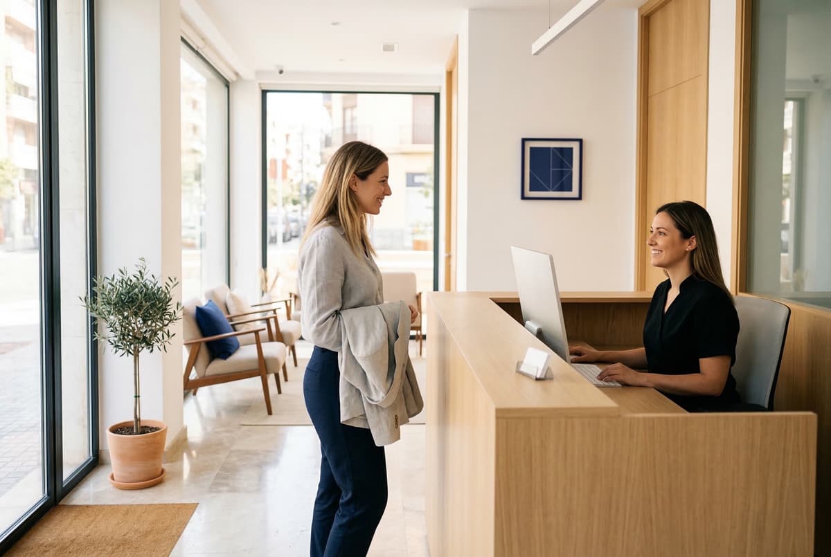 Paciente recibida con una sonrisa en la recepción moderna de la clínica dental Odéntitus en Valencia, un espacio luminoso y acogedor para tu primera cita dental gratuita