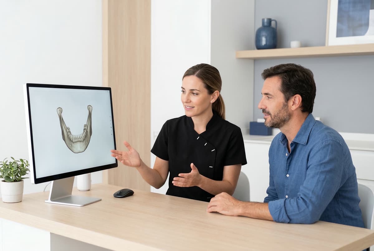 Dentista explicando diagnóstico digital dental a paciente en su primera cita en Benicalap, Valencia