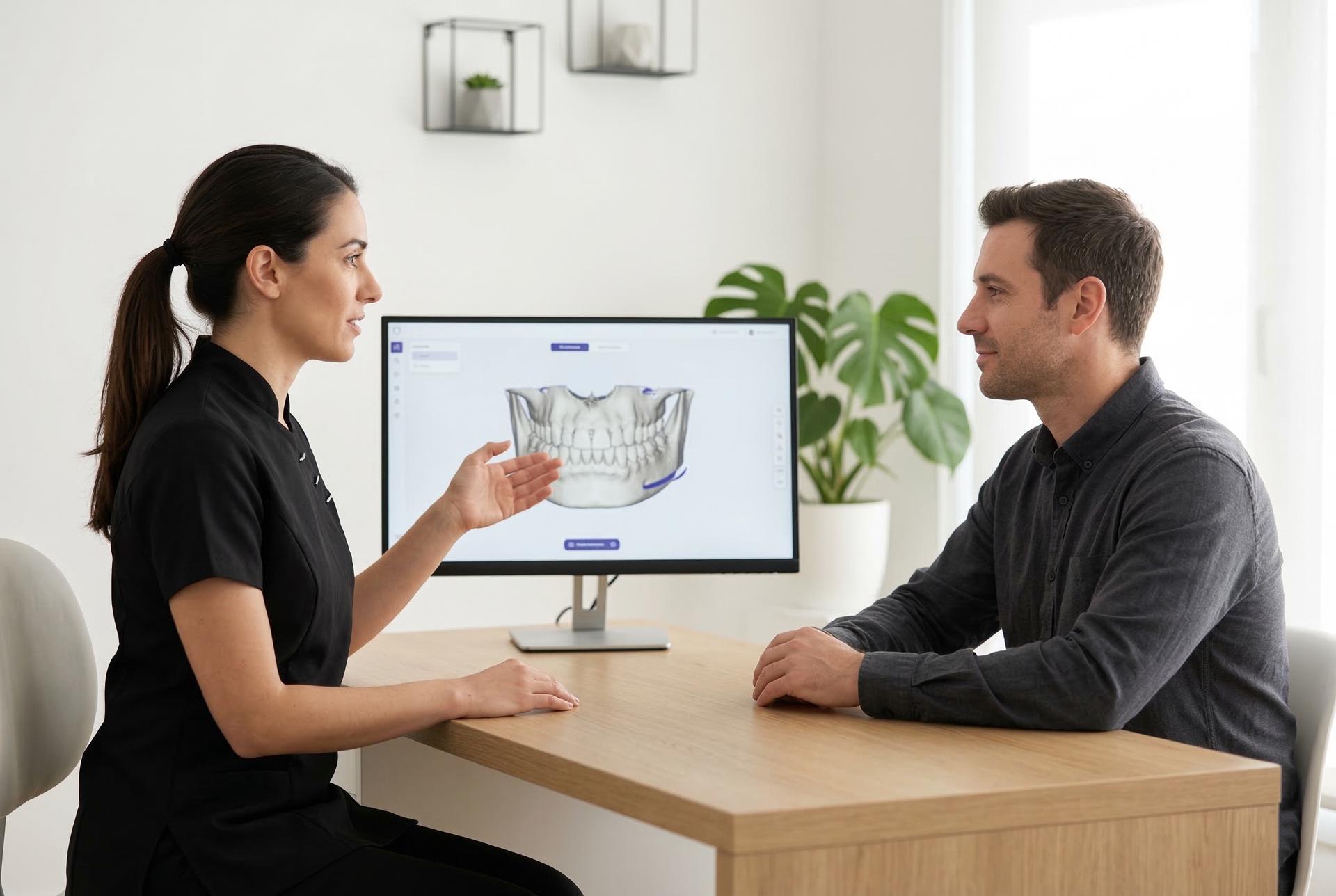 Dentista de confianza en Valencia explicando diagnóstico digital a paciente en consulta dental personalizada en Benicalap