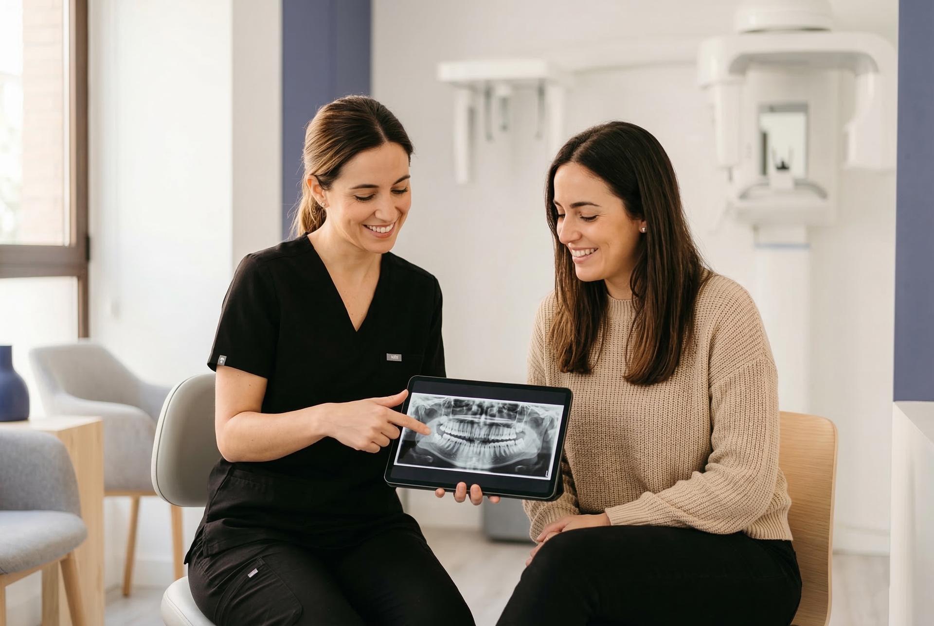 Dentista explicando radiografía panorámica en tablet a paciente relajada en consulta dental moderna de Valencia
