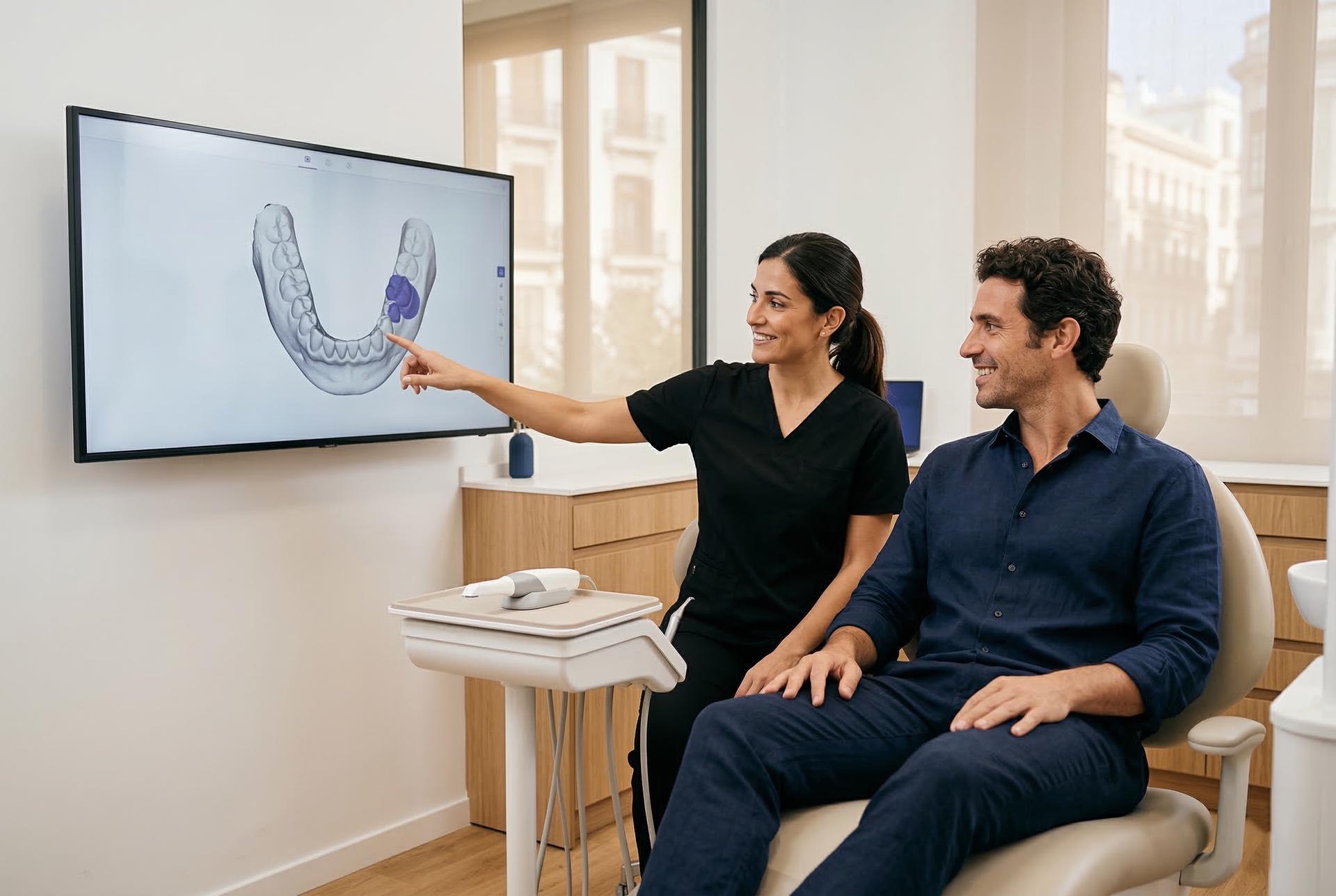 Dentista explicando diagnóstico digital con planificación 3D a paciente en clínica dental Odéntitus en Valencia