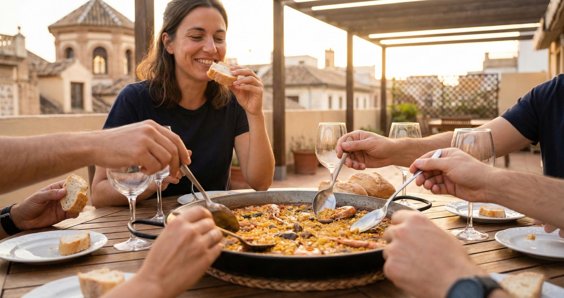Amigos disfrutando de una paella en Valencia gracias a la comodidad de la ortodoncia invisible.