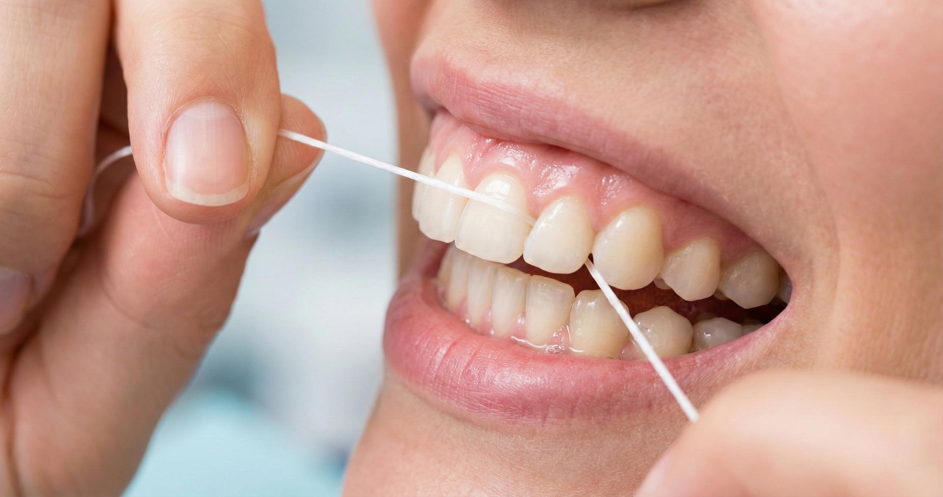 Primer plano macro de una boca sana usando hilo dental correctamente entre los dientes para la higiene interdental.