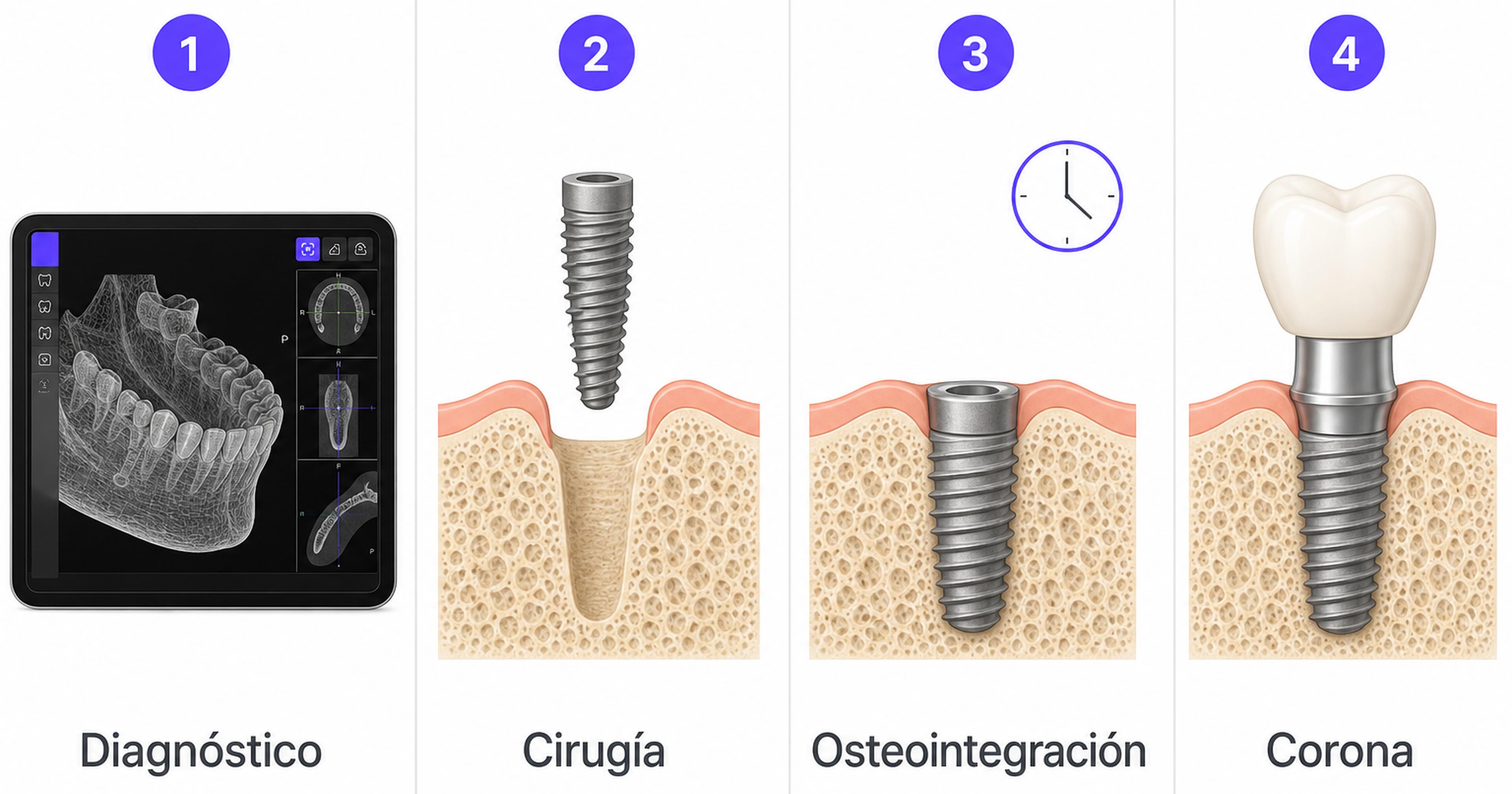 Cuatro pasos del implante dental: diagnóstico, cirugía, osteointegración y corona.