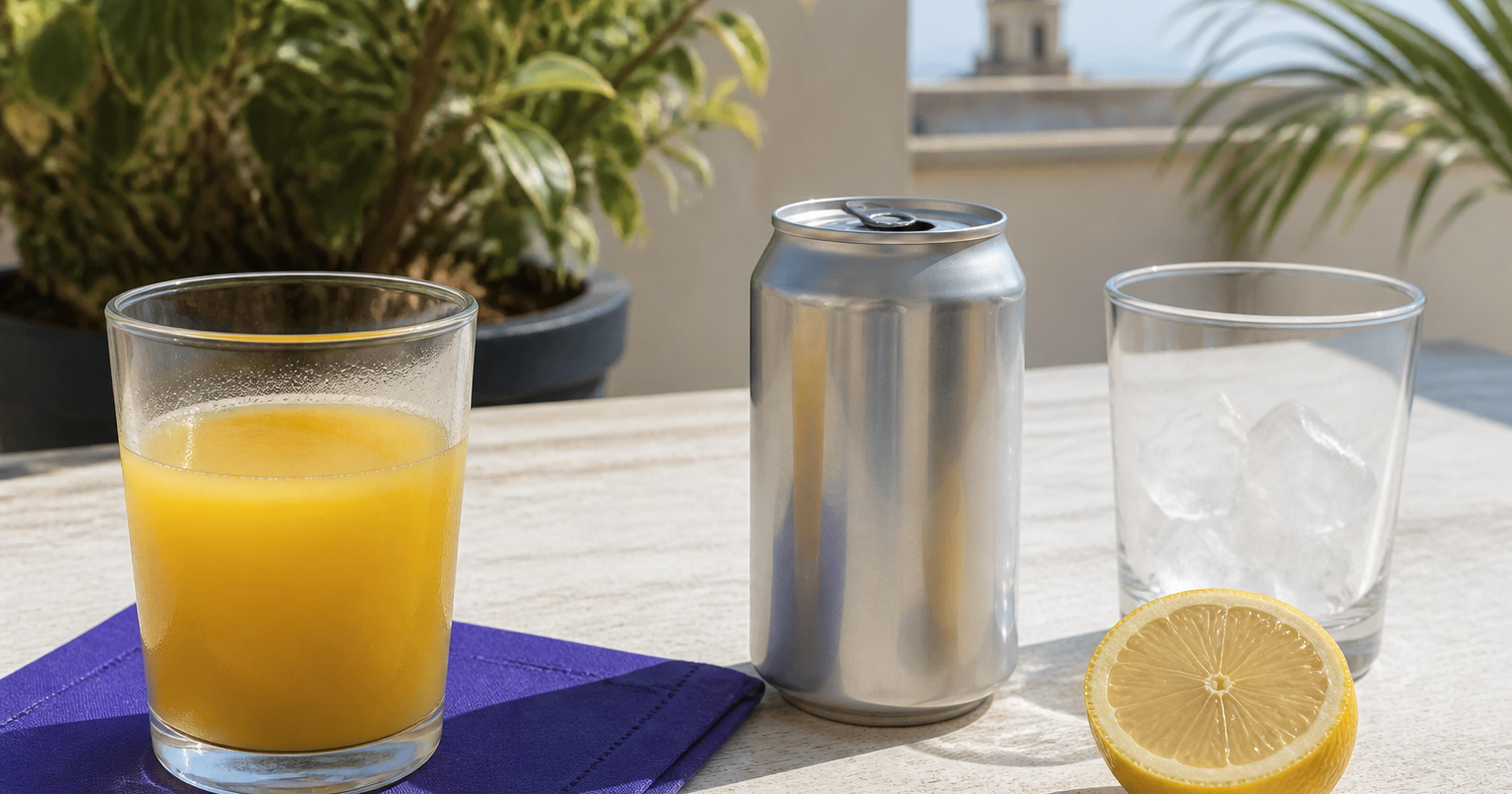 Zumos, refresco y cítricos en una mesa, hábitos ácidos que erosionan el esmalte