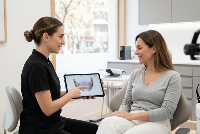 Dentista explicando diagnóstico digital a paciente en clínica dental Odéntitus en Valencia