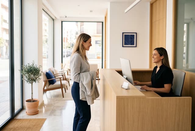Paciente recibida con una sonrisa en la recepción moderna de la clínica dental Odéntitus en Valencia, un espacio luminoso y acogedor para tu primera cita dental gratuita