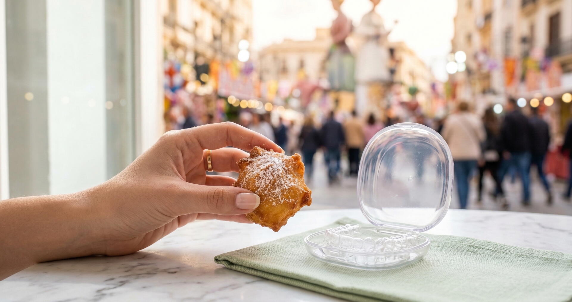 Buñuelo tradicional junto a un estuche de alineadores invisibles en una mesa de mármol durante Fallas
