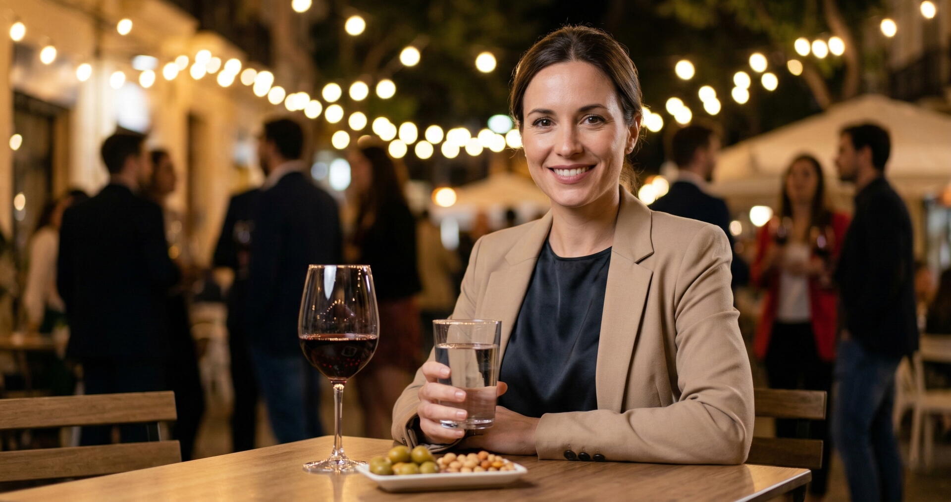 Persona alternando vino con agua en una terraza nocturna durante una verbena de Fallas