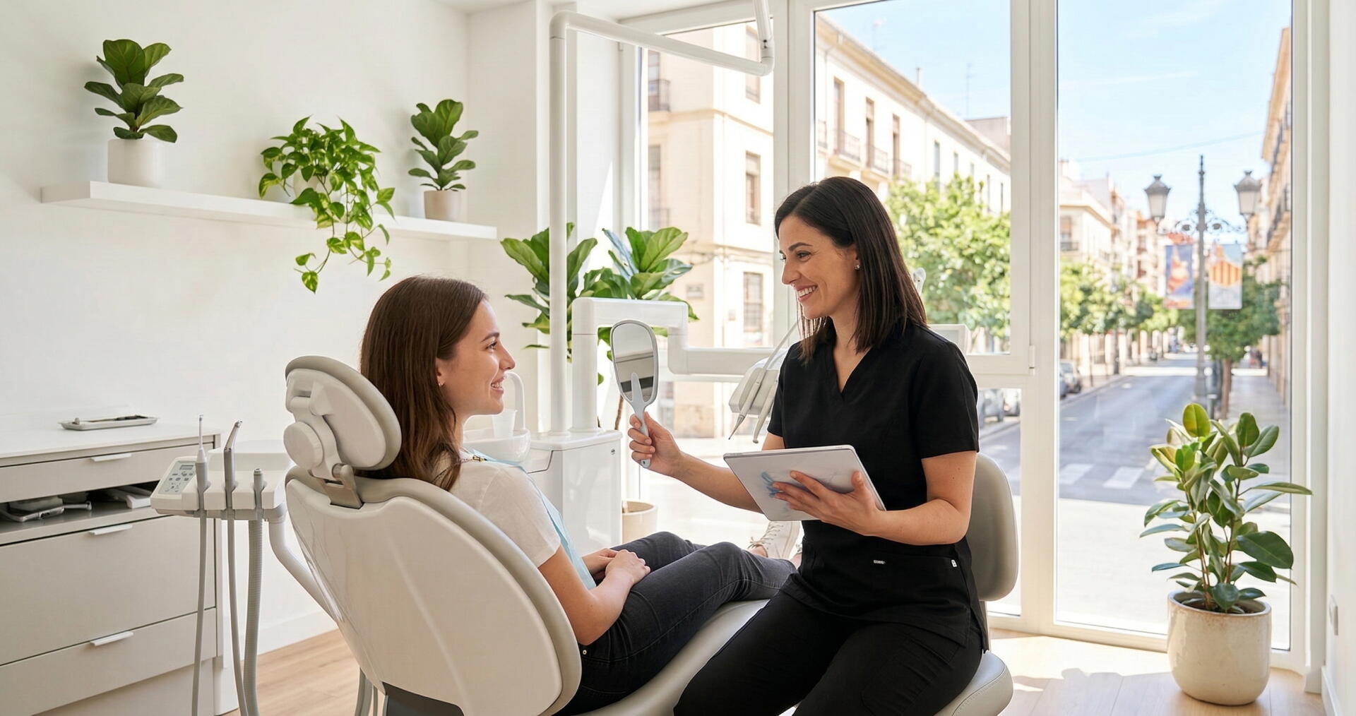 Odontóloga revisando la sonrisa de un paciente en una clínica dental moderna y luminosa antes de Fallas