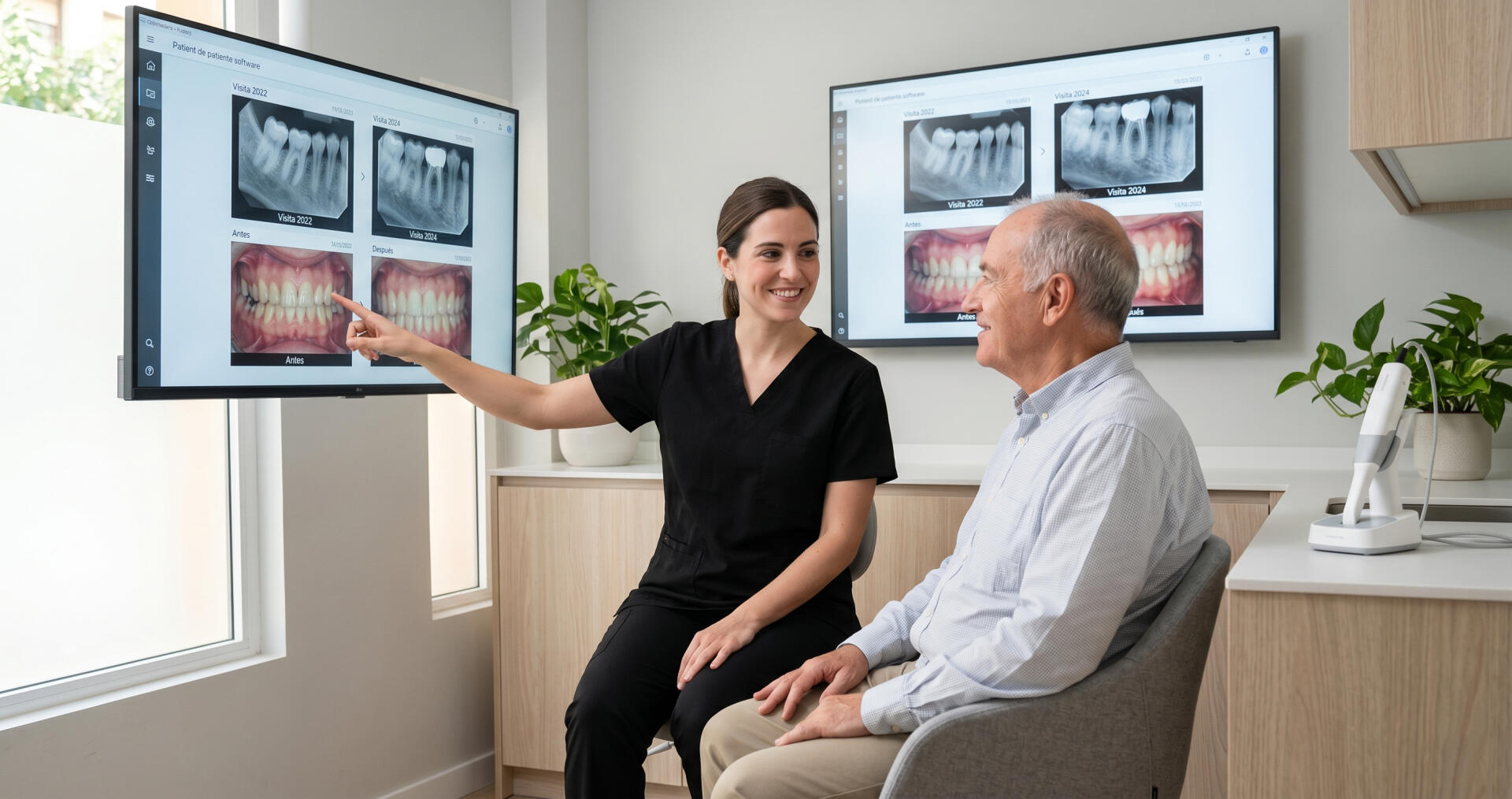 Tu dentista de confianza en Benicalap comparando el historial digital del paciente para detectar problemas a tiempo