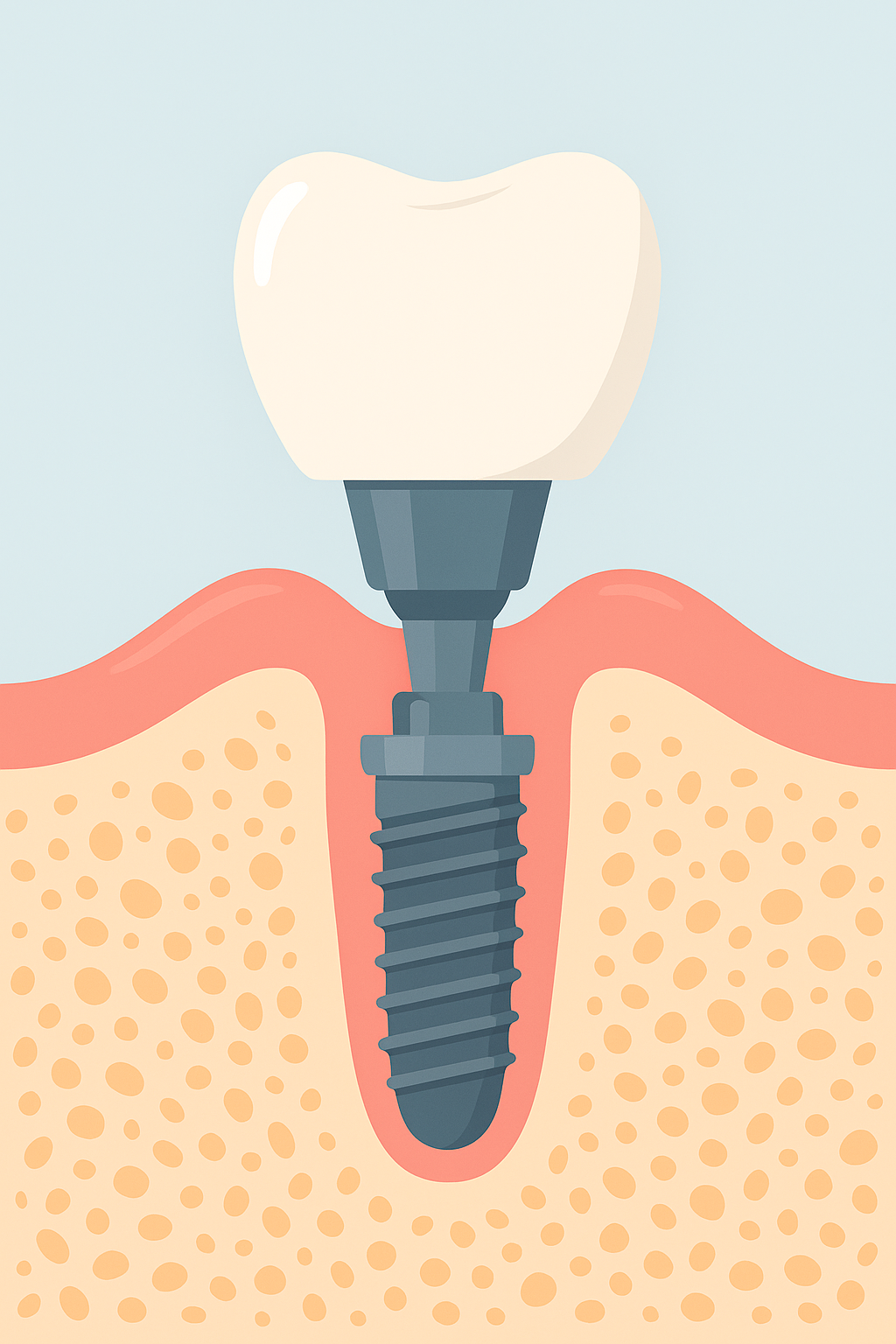 Ilustración que muestra las partes de un implante dental en Valencia, incluyendo el tornillo de titanio y la corona.