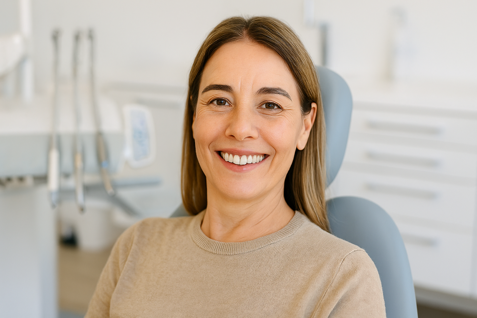 Paciente sonriendo en nuestra clínica dental en Benicalap después de su tratamiento de implante dental.