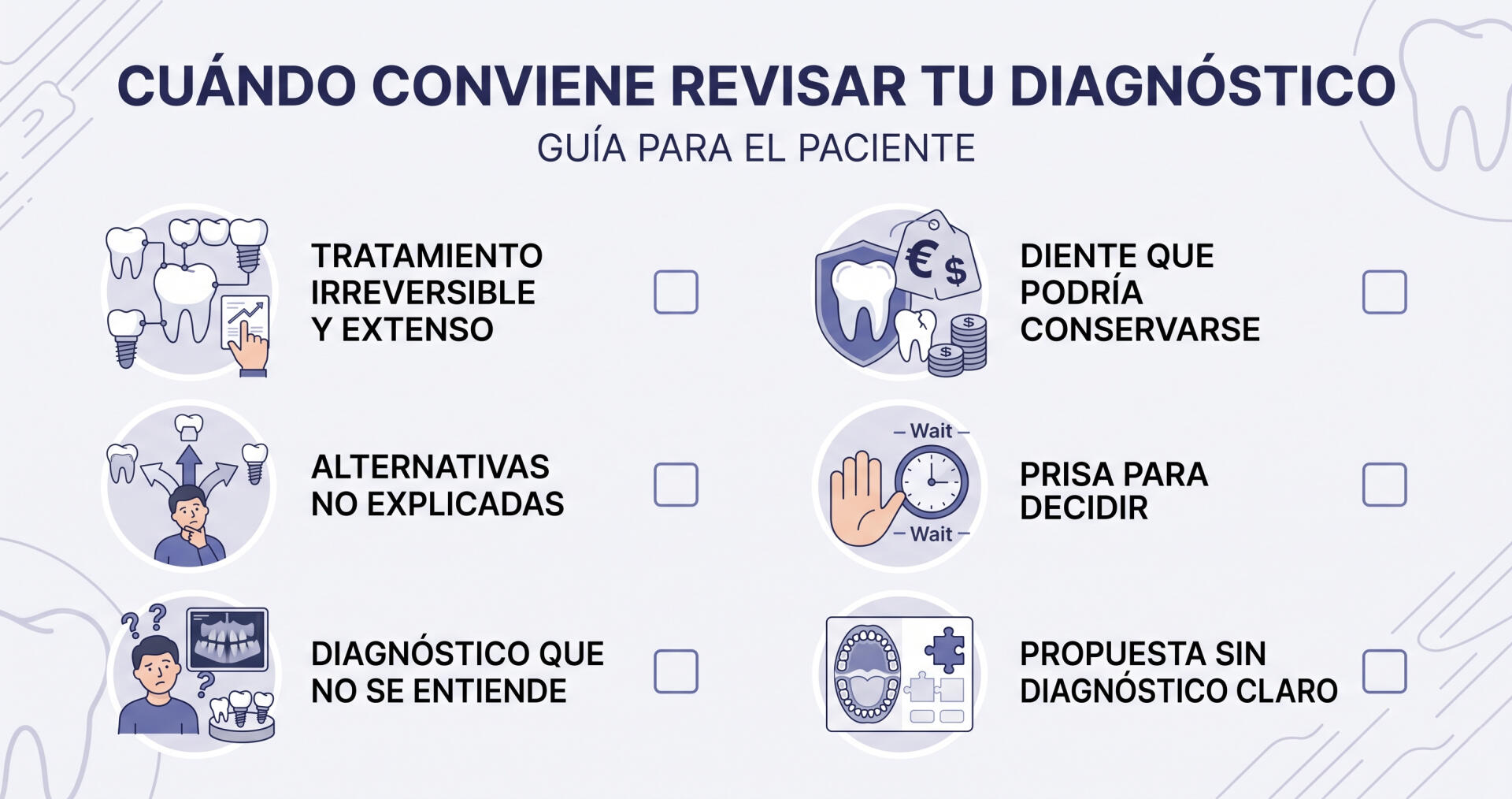 Diagrama de situaciones en las que conviene pedir otra valoración dental antes de un tratamiento irreversible