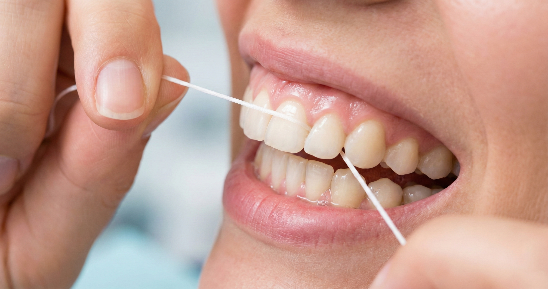 Primer plano macro de una boca sana usando hilo dental correctamente entre los dientes para la higiene interdental.