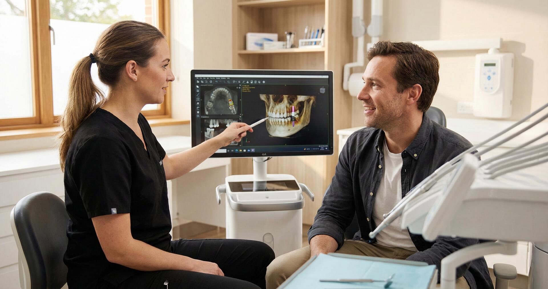 Odontóloga explicando la planificación digital del tratamiento bucodental en pantalla.