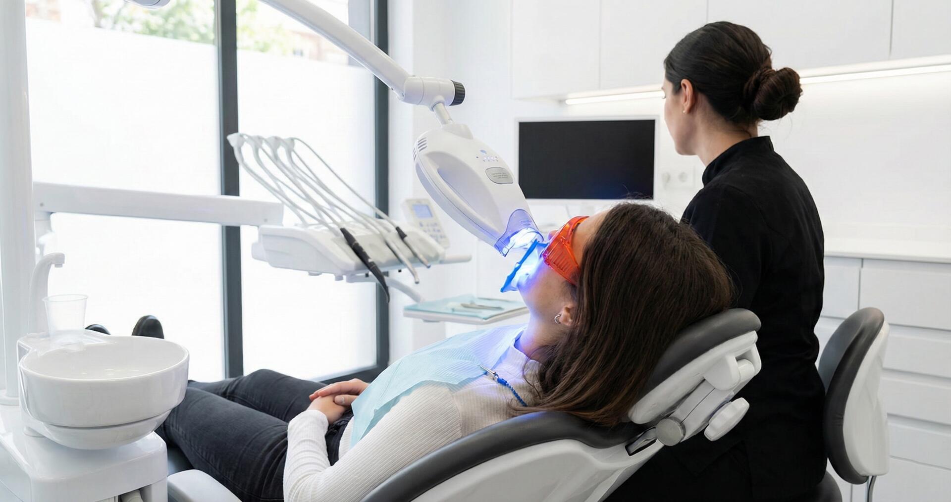 Paciente recibiendo blanqueamiento dental led en clínica Benicalap.