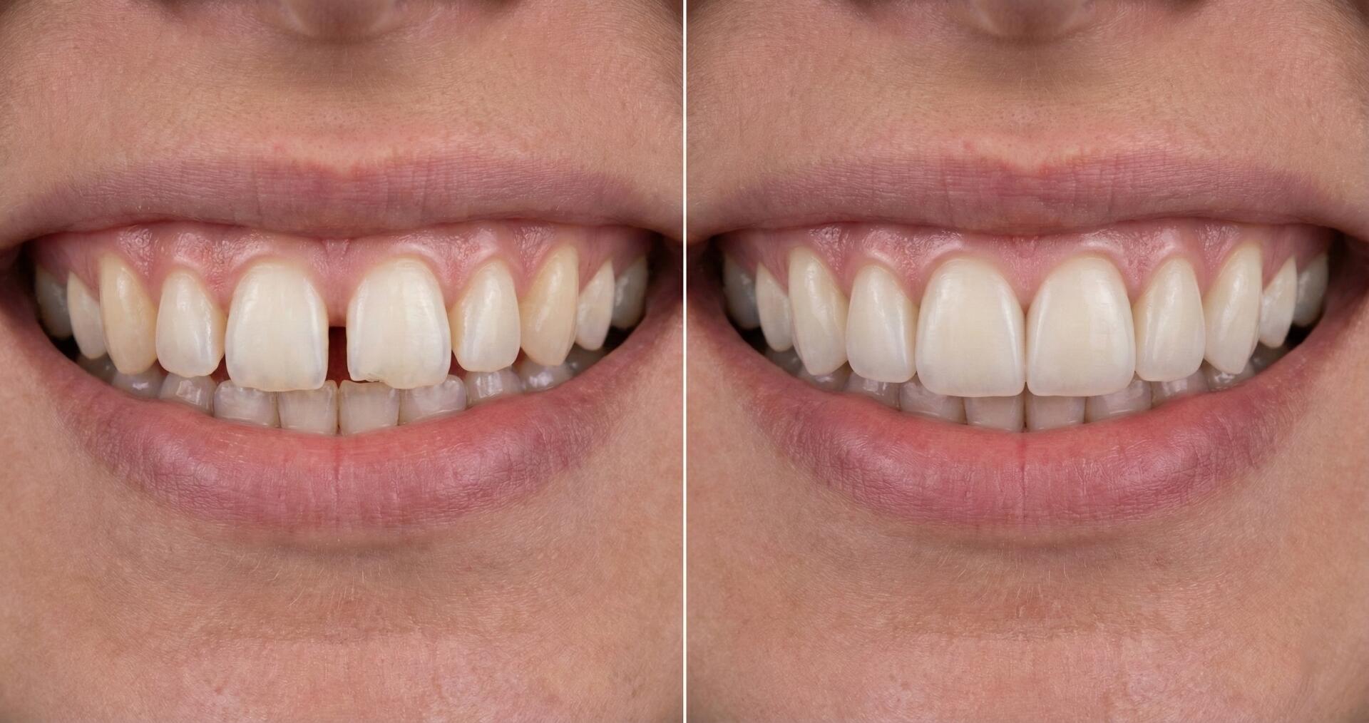 Antes y después carillas de composite cierre de diastema sin tallado.