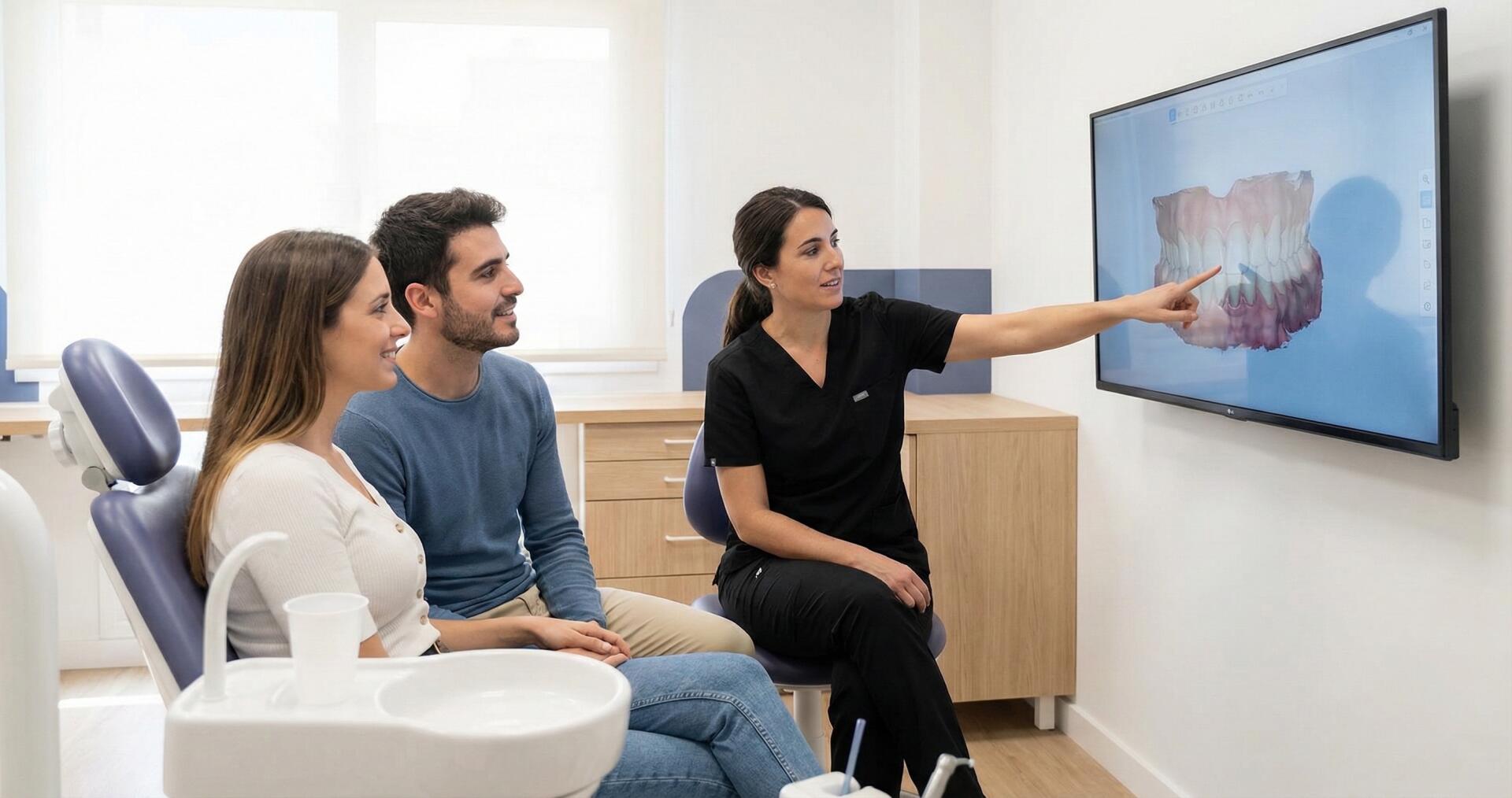 Dentista en Benicalap revisando la salud bucal en pareja con diagnóstico digital
